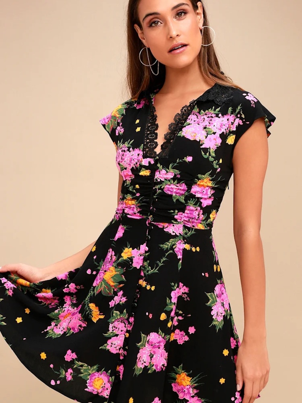 Free People Alora Black Floral Print Mini Dress 6